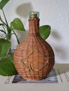 Old Wicker Wrapped Flat Bottle Vintage 8" Cork Rustic Antique  - Picture 1 of 7