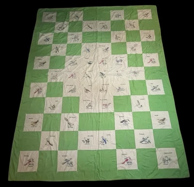 Винтажное лоскутное одеяло 50 state birds зеленое/белое (97 x 73,4 дюйма) вышитое ЧИТАЙТЕ - Изображение 1 из 4