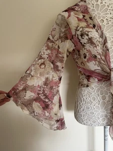 Floral Top Cropped Cream Beige Pink Tie Front Size 14 - Picture 1 of 7