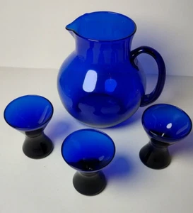 Set of 3 Vintage Cobalt Blue wine cordial glasses and 1 Cobalt blue pitcher - Picture 1 of 10
