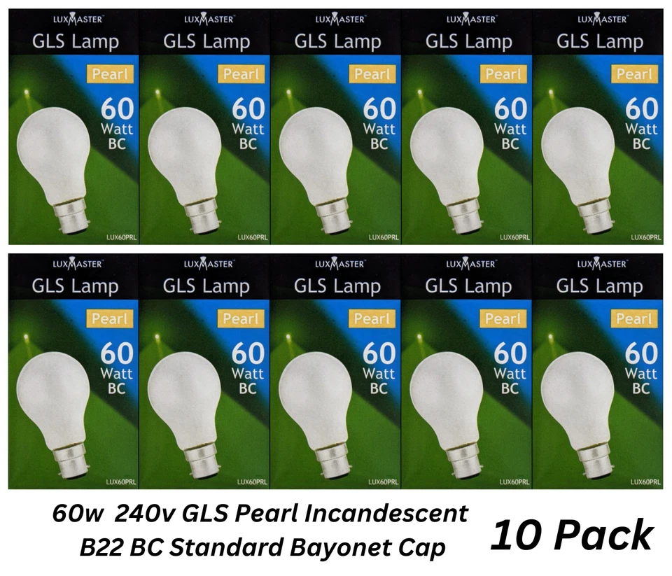 10 x 60W GLS Pearl Incandescent Light Globes Bulbs B22 BC Bayonet 240 V - image 1 of 4