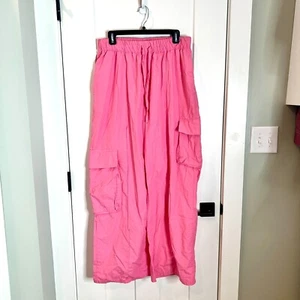 Anthropologie Pink Parachute Cargo Pants Wide Leg Y2K Vibes Pull On Size LT - Picture 1 of 5