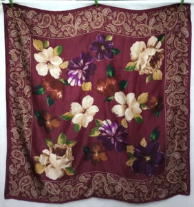 ECHO Silk Scarf Modern Floral Paisley Deep Red Wine SQUARE 34” Large Flowers - Picture 1 of 6