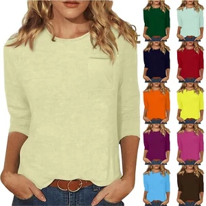 Women's Casual O-Neck Three Quarter Sleeve Solid Color Top With Pockets - Picture 1 of 48