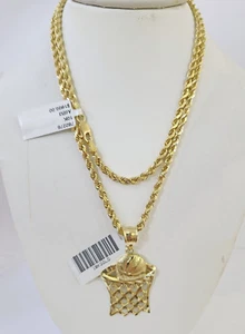 10k Gold Basketball Goal Pendant Rope Chain 3mm 24'' Necklace Set Yellow Genuine - Picture 1 of 7