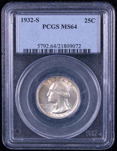 1932-S Washington Silver Quarter - PCGS MS64 - Key Date - PB10 Cover