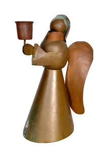 Vintage handgeschmiedeter Kupfer Engel Kerzenhalter - mexikanische Volkskunst 10" hoch - Bild 1 von 10