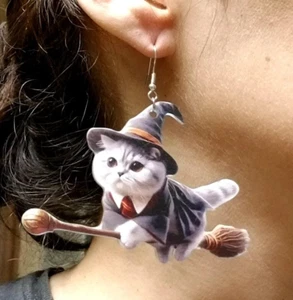 Whimsical Cat Earrings, Halloween Earrings, Cat Earrings, Cat Jewelry, Goth Cat - Picture 1 of 5