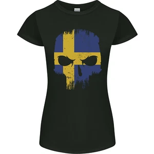 Sweden Skull Flag Gym Bodybuilding Biker Womens Petite Cut T-Shirt - Picture 1 of 3