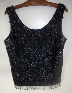C2 Vintage Hong Kong L Black Sequin Hand Bead Fringe Formal Wool Tank Top Lined - Picture 1 of 9