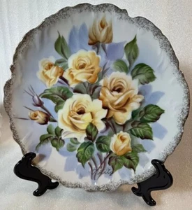 UCAGCO Japan Signed Ceramic Plate Yellow Roses Gold Trim 9in Vintage Circa 1950 - Picture 1 of 16