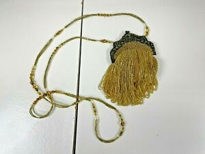 Vintage Gold Crochet Beaded Frame Evening Bag Cross Body Bag - Antique Inspired 