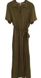 H & M Shirt Dress Sz xL Olive Green Tie Waist Short Sleeve MIDI Fall - Picture 1 of 9