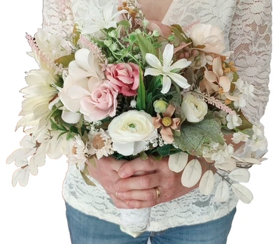 Ramo de boda nupcial hecho a mano económico amigable flores sintéticas blanco rosa verde Foto 1 de 4