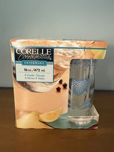 Vintage CORELLE Blue Hearts 16 OZ. TUMBLERS/DRINKING Glasses set 4, New In Box - Picture 1 of 6