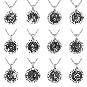 Vintage Twelve Constellations Stainless Steel Pendant Round Label Necklace - Picture 1 of 36