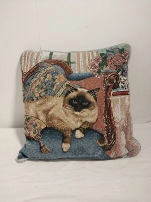 Vtg Decorative  Cat Tapestry Throw Pillow 14"x14" By Fashion Cat Lovers - Image 1 of 4