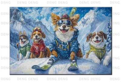Pintura al óleo impresa sobre lienzo para perros esquí deportes de invierno decoración de arte de pared Foto 1 de 4