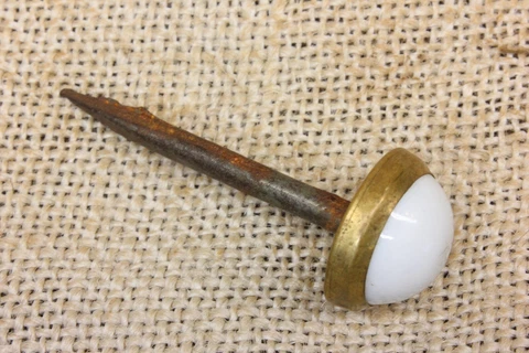 Old Picture Nail Artwork Hanger White Porcelain and Brass Vintage 2 1/4 X 13/16" Cover