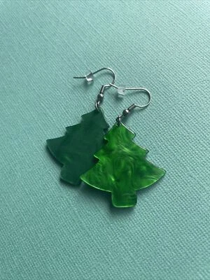 Christmas Tree Dangle Earrings, Surgical Steel Hooks, Xmas Ripple Green Acrylic - image 1 of 3