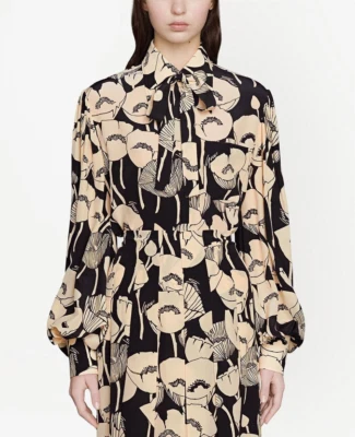 Gucci AW21 Black and Cream Poppy Floral Silk Blouse, Size IT 44 — 第 1/4 张图片