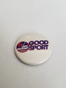WINNIPEG JETS NHL VINTAGE LOGO " GOOD SPORT " BUTTON. 1 3/4 INCH. - Picture 1 of 2