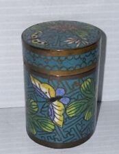 Antique 19th Century Chinese Cloisonné Lidded Box Brass Butterfly Flowers 2.5”T