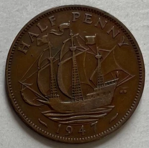 Great Britain 1/2 Half Penny 1947 - Golden Hind Ship - King George VI - Picture 1 of 3