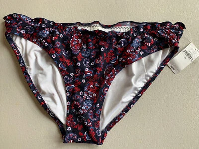 ANTIGUO BIKINI PAISLEY ESTAMPADO AZUL MARINO BORDE LECHUGA ROJO/AZUL PANTALÓN DE BAÑO MUJER XSMALL Foto 1 de 4