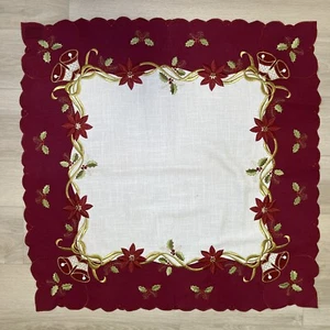 Christmas Holly Poinsettia Tablecloth Maroon Square With Scalloped Edge 36”x 36 - Picture 1 of 6