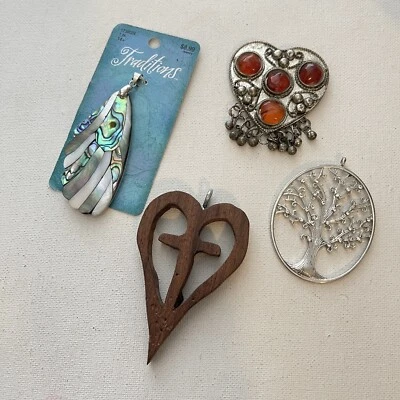 4 pc Large Statement Ethnic Pendant Abalone Tree Cross Wood Tribal Craft Lot - Image 1 of 3