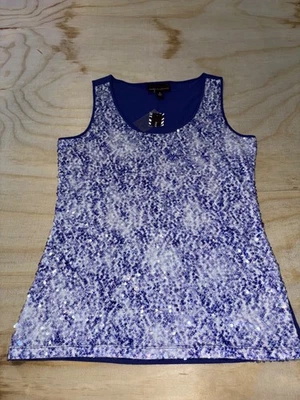 Camiseta sin mangas Dana Buchman azul blanco lentejuelas frontal talla pequeña (leer) Foto 1 de 4