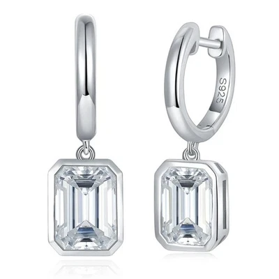 1/2ct Emerald Cut Moissanite Dangle Hoop Earrings Women 925 Sterling Silver GRA - Image 1 of 4