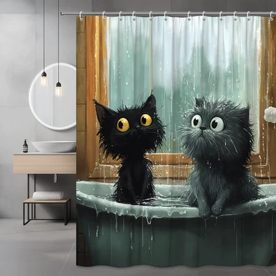 Cortina de chuveiro engraçada para gatos molhados, gatinhos pretos fofos na banheira, banheiro dos desenhos animados D - Imagem 1 de 4