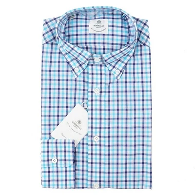 Luigi Borrelli Slim-Fit Aqua-Navy-White Check Cotton Shirt 15.5 (Eu 39) NWT - Image 1 of 4