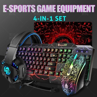 Explosion Crack Illuminant Keyboard Mouse Headset Four-piece Set - Image 1 of 4