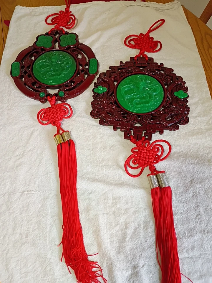 Pair Vintage Chinese Culture Faux Jade Wall Hangings Good Luck Charm B29 - Image 1 of 4