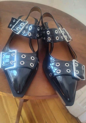 Double  Buckle Patent Leather Ballet Flats Black Pointed Toe   - Image 1 of 4