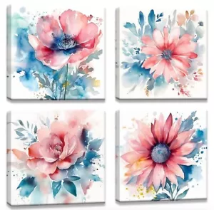 Canvas Wall Art All rooms Decor, Flowers Pictures Roses, Daisy Sunflowers 4 Pc - Picture 1 of 9