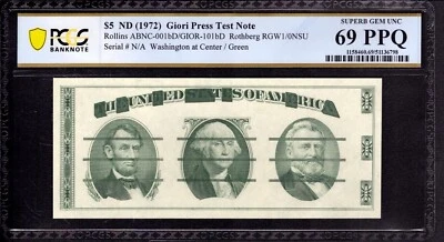 1972 $5 GIORI PRESS TEST NOTE ABNco GREEN REVERSE ONLY PCGS B SUPERB GEM 69 PPQ - Image 1 of 3