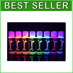 Vibrant UV Reactive Acrylic Paint Set of 8 in Bright Neon Colors - 2 oz Bottles - Picture 1 of 8