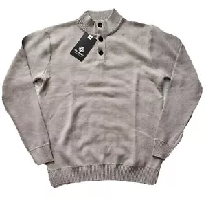 Neu mit Etikett AKADEMIKS Herren Gr. Large drei Knöpfe hoher Mock Ausschnitt Pullover Textur grau - Bild 1 von 6