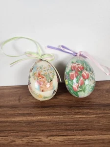 Pair Of Vintage 1970s Paper Mache Easter Egg Ornaments Easter Tree Decor - Picture 1 of 3