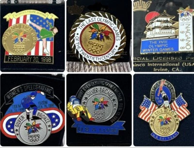 Nagano 1998 Olympic Pin Lot 6 Pins Lot XVIII Speed Figure Skating Luge Ski USA - Image 1 of 4