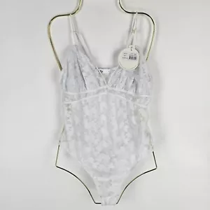 Ally Bodysuit Womens Size Large White Sheer Lace Strappy V Neck Thong Back NWT - Picture 1 of 6