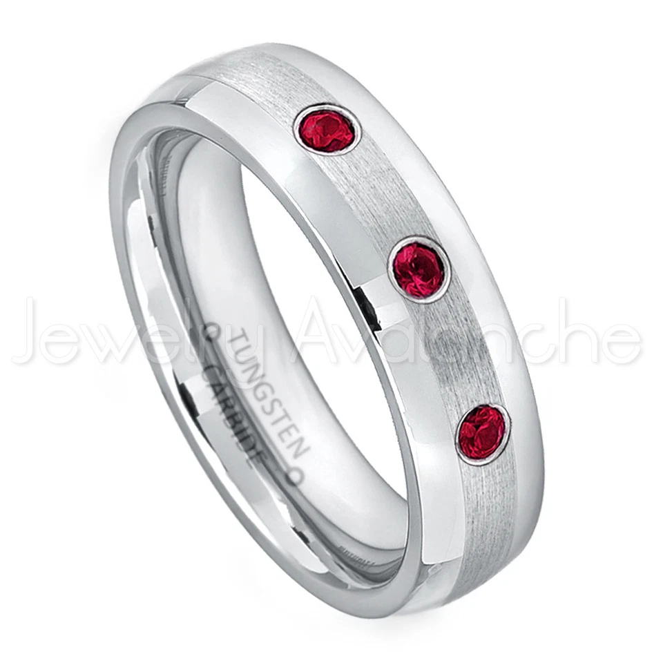 Anillo de 3 piedras de rubí de 0,21 quilates, anillo de piedra de nacimiento de julio, alianza de boda de tungsteno #006 Foto 1 de 1