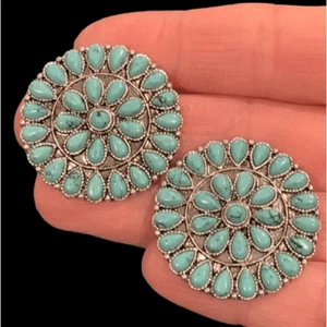Western Cluster Work Concho Style Earrings - Silver Tone with Turquoise Accents - Picture 1 of 8