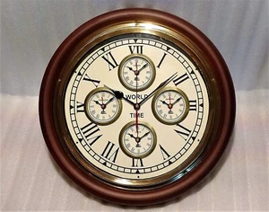 16" Wooden Antique Designer Wall Clock With World Time For 5 Countries, Vintage - Picture 1 of 4