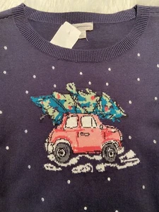NWT TALBOTS Xmas Tree on Car Christmas Sweater Petite Navy Blue NEW - Picture 1 of 5