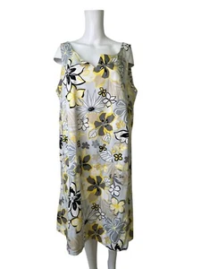 Nina Leonard Shift Dress Size XL Womens EU46 Floral Cotton Grey & Yellow Pockets - Picture 1 of 9